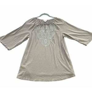 J JILL Shirt Embroidered Shirt Women's Small Floral Boho Peasant Slate Sage Blue